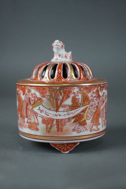 Vintage Kutani Ware Meizan Incense Burner with Red and Gold Painting Japanese Antique